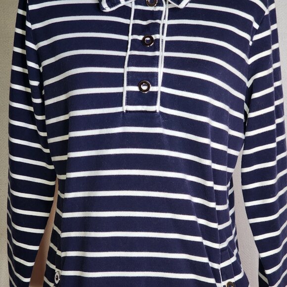 Karen Scott Sport Navy Stripe Cotton Span LS 1/4 Snap Up Stand Collar Top Sz M - Picture 9 of 16